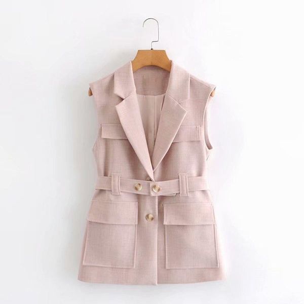 

women's vests chic safari style office lady sleeveless coats side pockets belt slim waist spring fall 2021 solid all match outwear, Black;white