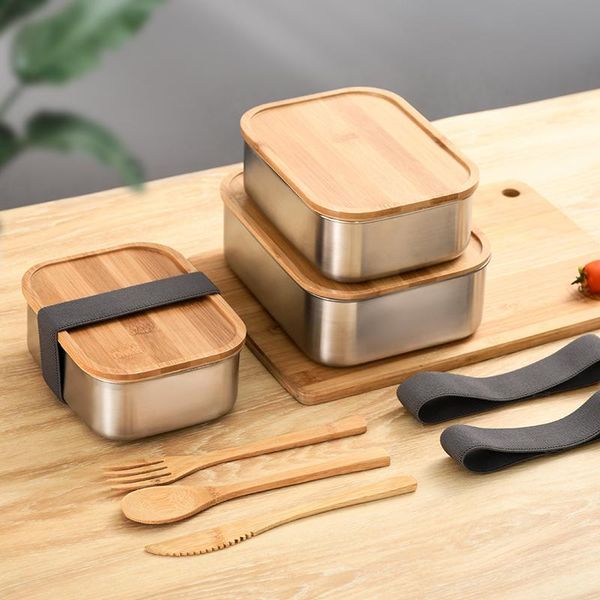 

dinnerware sets wooden lid lunch box 304 stainless steel japanese style bento bamboo cover container portable bag picnic sandwich