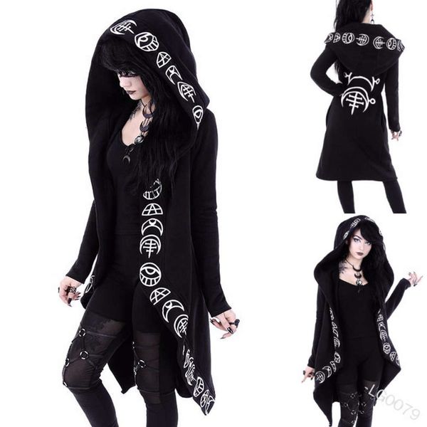

moon print long sleeve hooded cardigan sweater, Black;brown