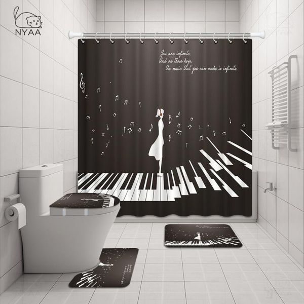 

piano key bathroom curtain set sheet music shower curtains with 12 hooks anti-skid rugs toilet lid cover bath mat carpet accessory