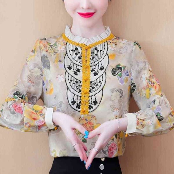 

blusas mujer de moda blouse women stand collar print chiffon blouse shirt long sleeve women blouses shirts blusa d375 210602, White