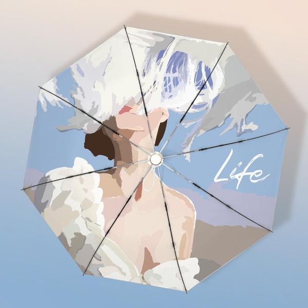 

umbrellas automatic folding windproof 3-folding umbrella rain women fashion titanium silver anti-uv men gift parasol