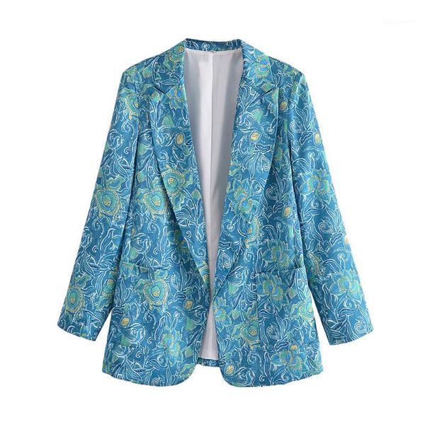 

women's suits & blazers women 2021 fashion totem print open blazer coat vintage long sleeve patch pockets female outerwear chic veste f, White;black