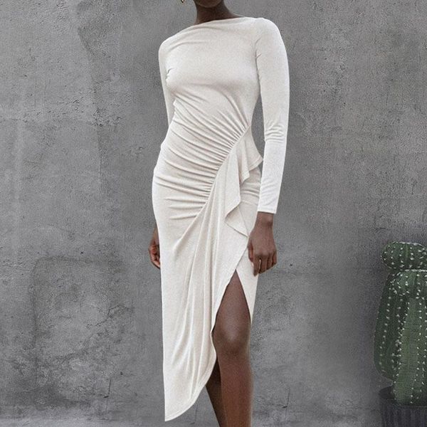 

casual dresses donsignet women dress 2021 autumn pleated ruffles fashion bodycon long sleeve midi vestido feminino, Black;gray