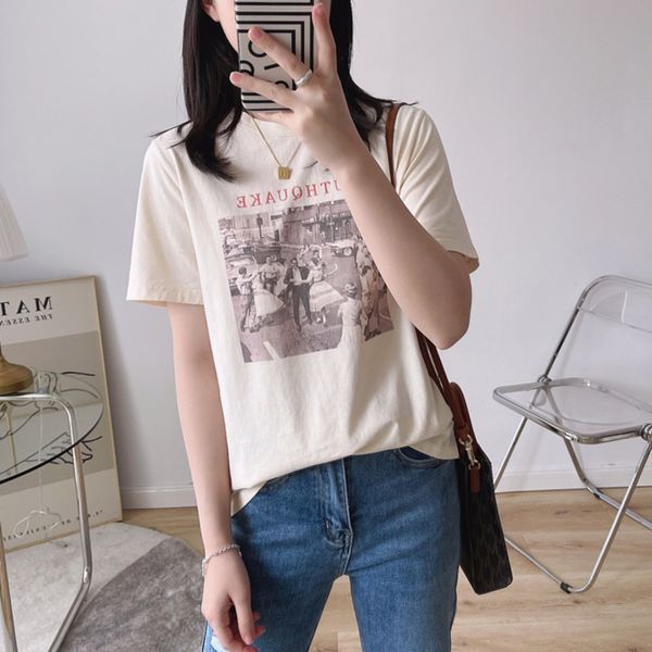 

women's t-shirt vintage printed short sleeve cotton t-shirt for women round neck loose woman t-shirts 2021 summer casual tees, White
