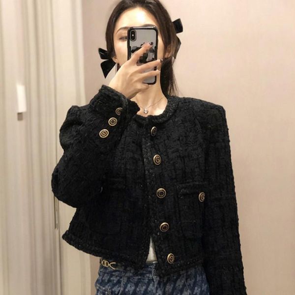 

women's jackets korea style black tweed jacket coat 2021 autumn women elegant o-neck long sleeve single breasted outerwear female, Black;brown