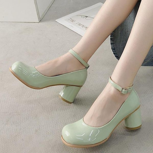 

dress shoes 2021 patent leather women cute round toe thick heel pumps woman fashion ankle buckle single ladies womens, Black