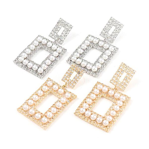 

dangle & chandelier jijiawenhua trend women's rhinestone imitation pearl square pendant earrings dinner fashion jewelry accessories, Silver