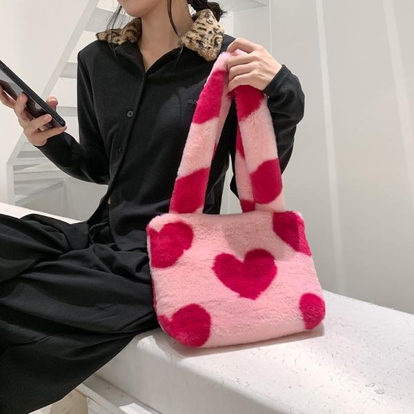 

evening bags 2021 fashion women love heart print plush shoulder bag winter large tote handbag furry fluffy shopper