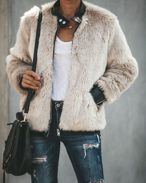 

warm long winter women pocket fluffy coat fleece fur jacket zip up outerwear, Black