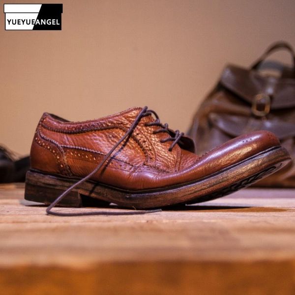 

handmade vintage men brogue shoes business casual natural leather luxury lace up genuine cowhide office dress, Black