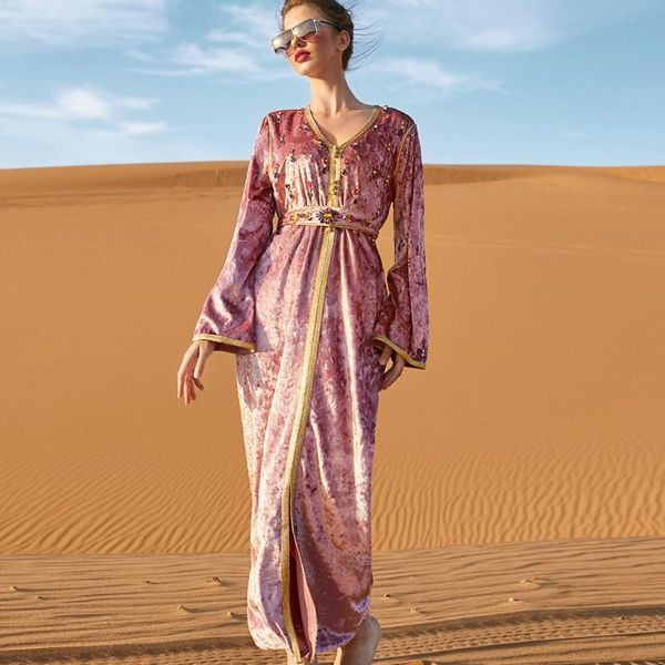 Abbigliamento etnico Inverno Diamanti cuciti a mano Velluto Caftano marocchino Stile reale Dubai Caftano Lussuoso abito lungo arabo Festa musulmana Jel nuziale