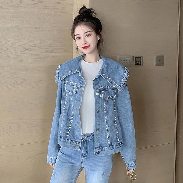 

womens pearl beading short denim jackets light blue korean fashion streetwear 2021 fall coats big collar outerwear women's, Black;brown