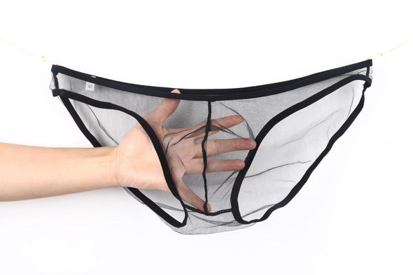 

men's briefs low waist ultra-thin underpants solid color male intimates mesh transparent underwear large size g-strings, Black;brown