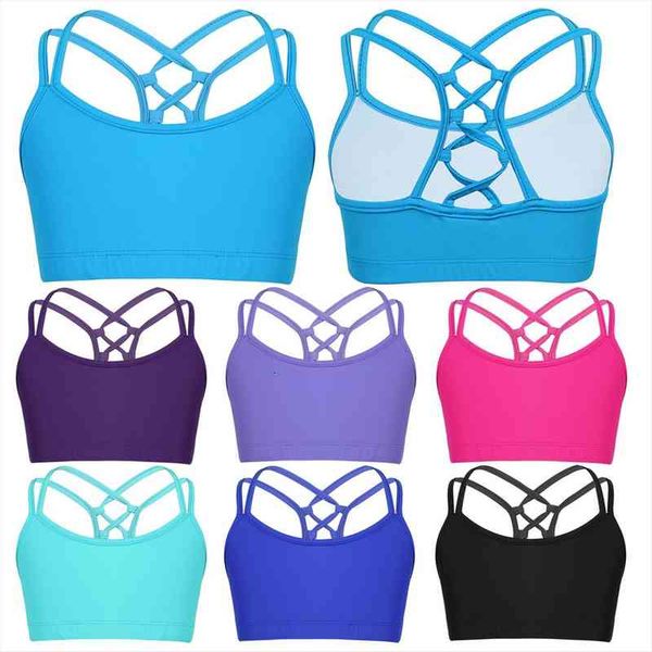 

kids girls ballet dancewear solid color criss cross back tanks bra dance crop children workout clothes, Blue