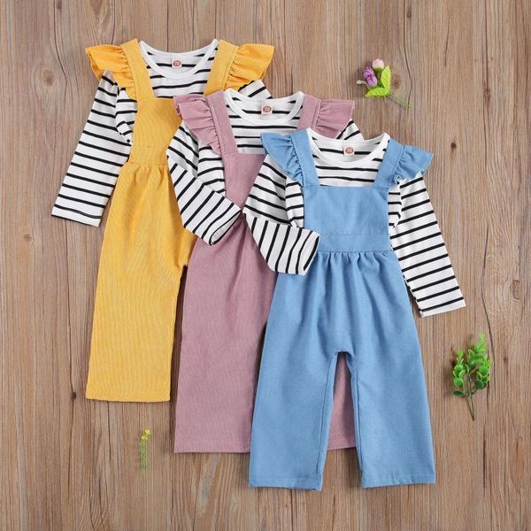 

citgeespring kids baby girls overall set children stripe print long sleeve and solid color suspenders pants autumn clothing sets, White