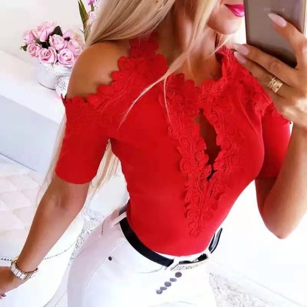 

women's t-shirt 2021 women strapless shoulder embroidery patchwork summer fashion solid color short sleeve slim hollow out de, White