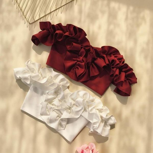 

women's blouses & shirts blouse strapless cropped off shoulder chiffon bow lacing up sleeve red long short, White