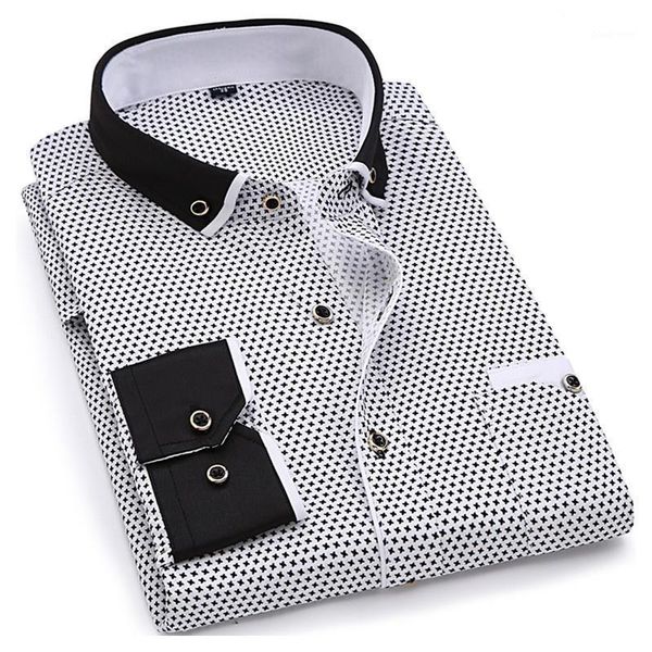 

fashion mens casual long-sleeved printed shirt, male social regular-fit button-down collar cuff stitching design men's shirts, White;black