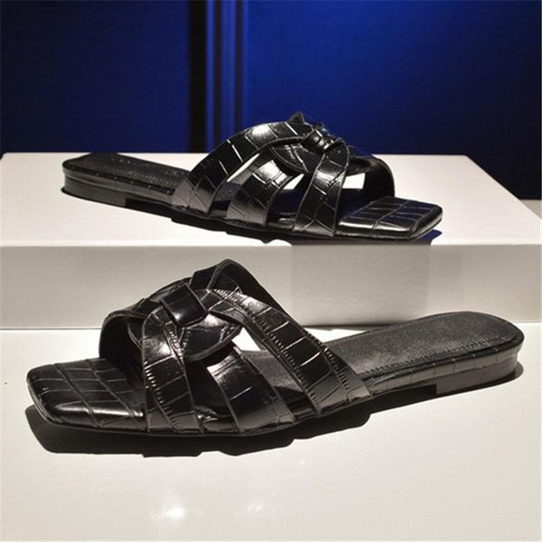 

slippers weaven flat beach woman sandals summer square toe slip on shoes women zapatos mujer outside slides, Black