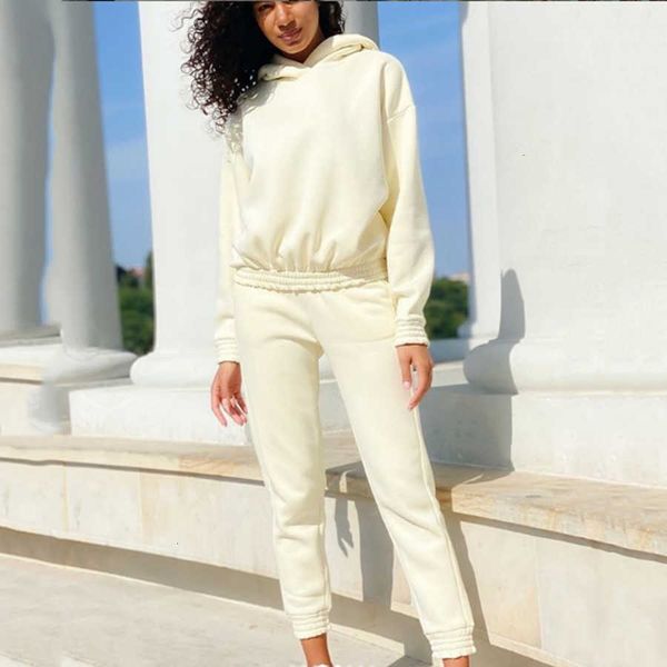 

women's two piece pants solid wool winter hoodies sweatpants peice defines casual female sport outfits elastic waistline fashion nhtm, White
