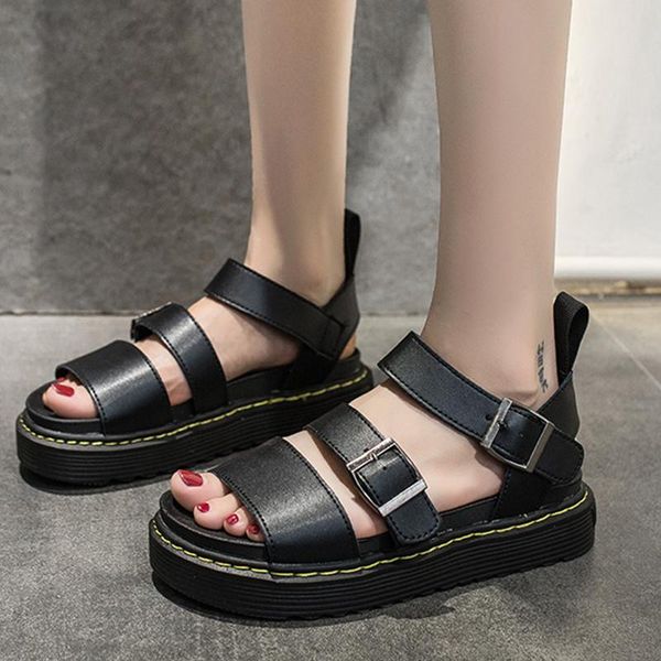 

sandals women platform white black flat heel solid color buckle gladiator 2021 outdoor beach chunky woman shoes