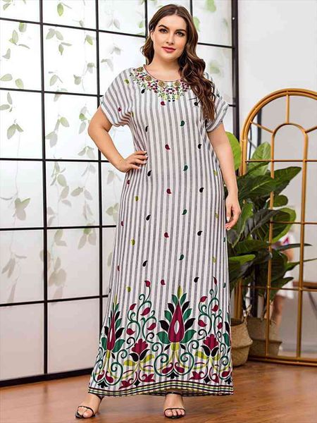 

plus size chic neckline womens dress embroidery stripe long short sleeve summer comfortable viscose print arab clothing, Black;gray