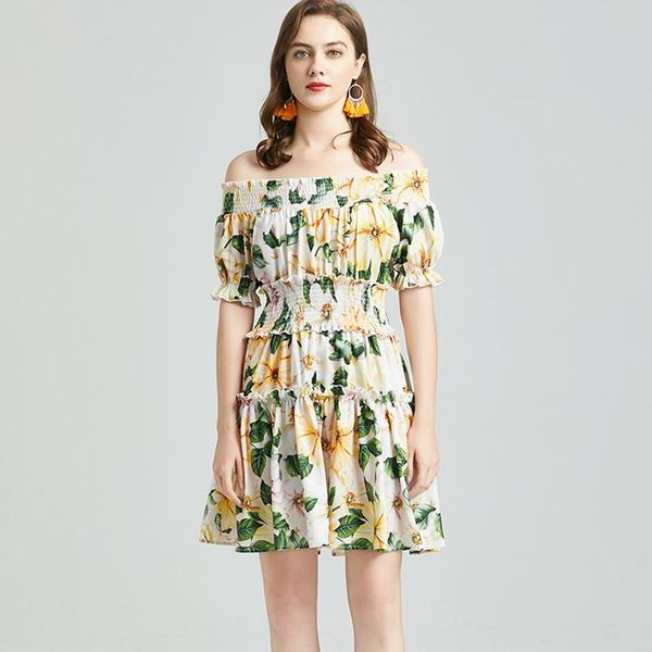 

casual dresses summer ladies off the shoulder floral dress women temperament slash neck mini print 2021, Black;gray