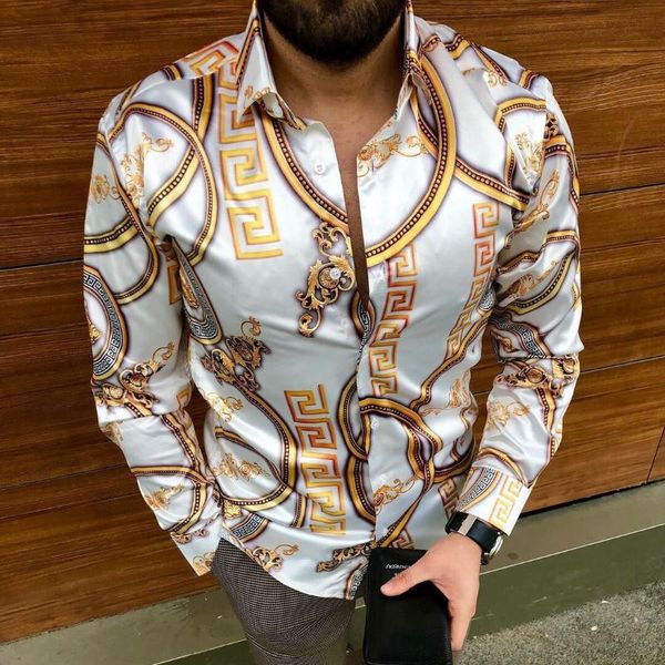 

men's casual shirts mens loose turn-down collar printing single button long sleeve 2021 autumn men clothing fashion streetwear, White;black