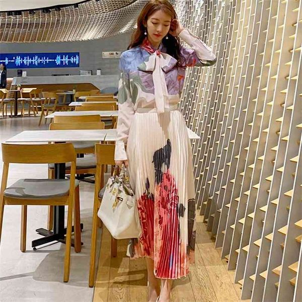

suit dress women elegant two pieces sets fashion bowtie collar full sleeve print shirt elastic waist long pleated skirt suits 210603, White