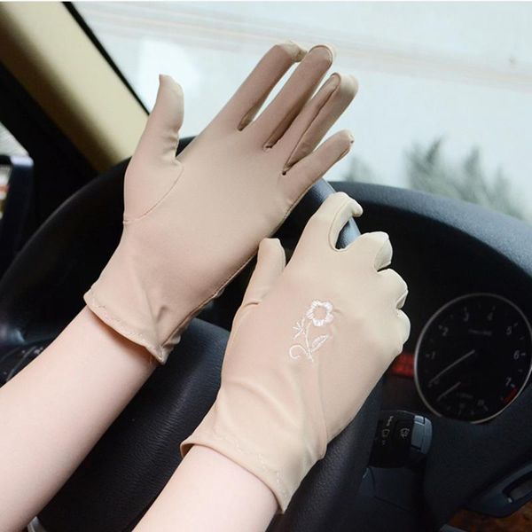 

five fingers gloves super-elastic full finger driving embroidered sun-shading sunscreen slip-resistant short women female, Blue;gray