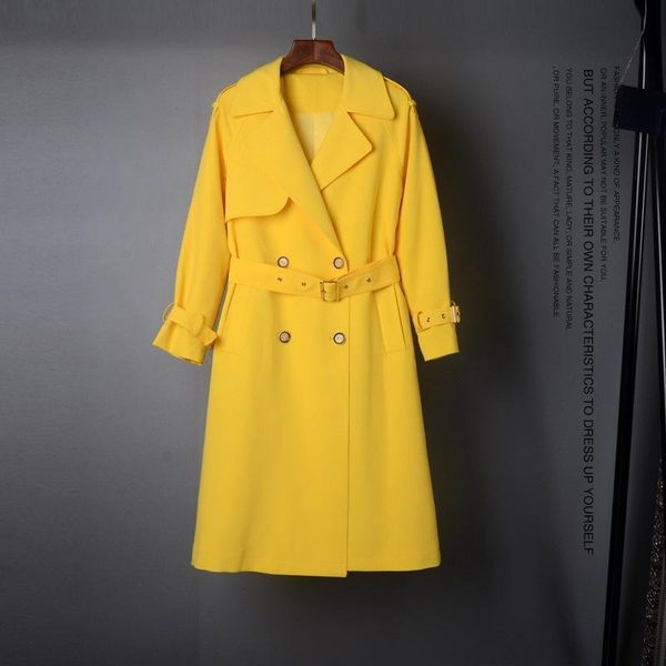 

women's trench coats 2021 autumn winter coat women fashion turn down collar double breasted solid mid-long windbreaker with bel, Tan;black