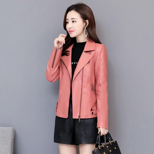 

women's leather & faux zippers women jacket turn-down collar motorcycle coat female outerwear slim casual autumn clothing, Black