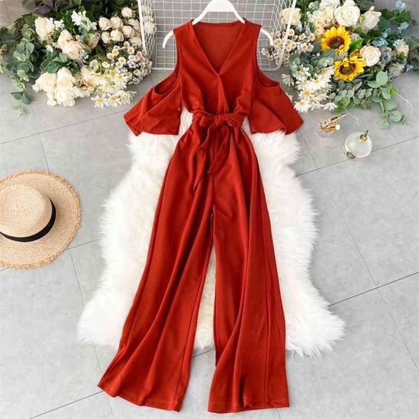 

summer women's jumpsuit korean off-shoulder ruffled short-sleeved with waist and thin wide-leg pants ll020 210506, Black;white