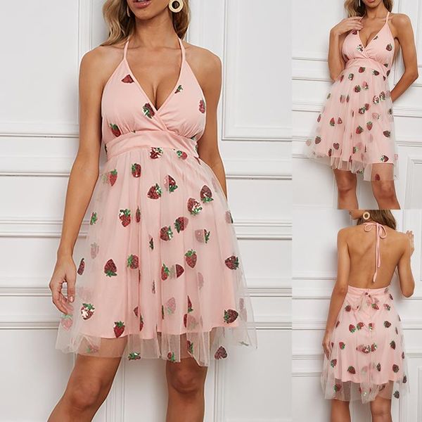 

casual dresses summer v-neck strawberry short sleeve party dress net yarn a-line evening club beach wear femme, Black;gray