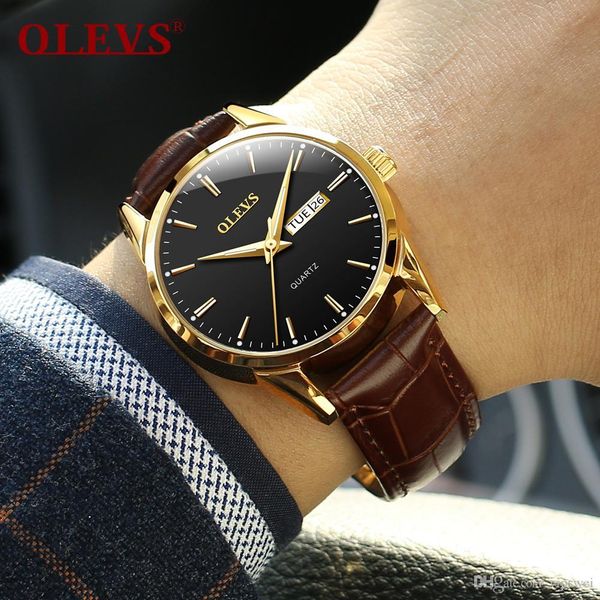 Orologi da uomo Top Brand di lusso OLEVS Orologi da polso di moda Orologio da coppia al quarzo in pelle semplice per uomo Orologio automatico con data / settimana Uomo waterpro