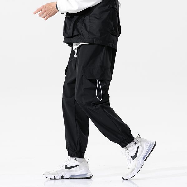 

men's pants solid color loose streetwear hip hop track ribbons sweatpants casual trousers ankle-length atyr, Black