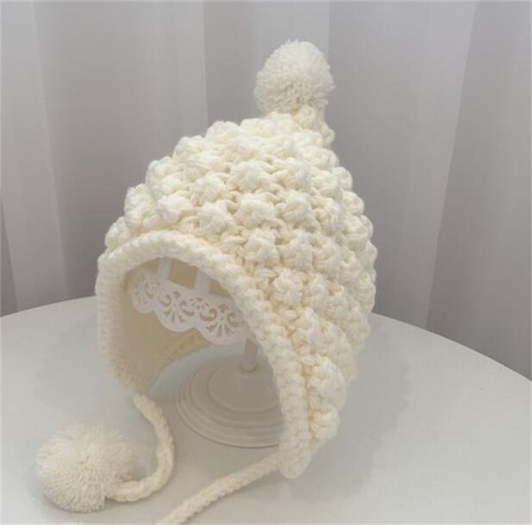 

baby big pompon knitted hat children hand-woven hair ball ear protection hats kids winter warm ear muff beanie 714 x2, Yellow