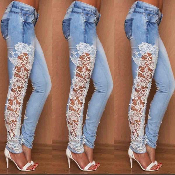 

women's jeans women fashion light blue printing lace skinny pencil denim stretch slim fitness pants pantalon mujer female trousers