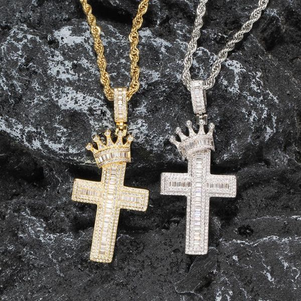

pendant necklaces hip-hop crown cross diy birthday couple men ins copper inlaid zircon and women, Silver