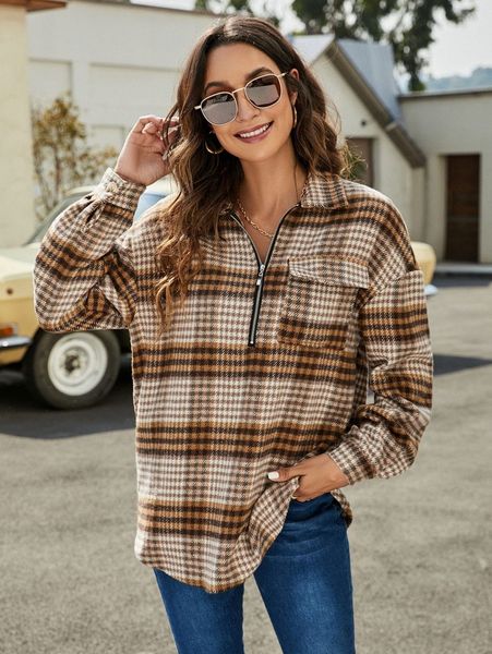 

plaid flap pocket drop shoulder wool-mix pullover m4md#, White;black