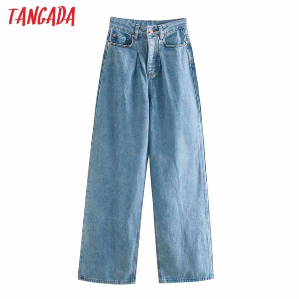 

tangada 2021 fashion women wide leg long jeans pants trousers pockets zipper female pants 4m242, Blue