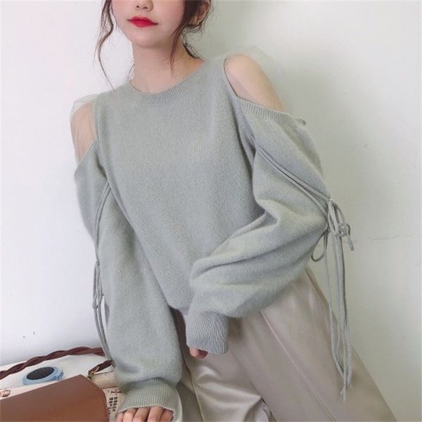 

shoulder strapless long lantern sleeve knit sweater women o neck solid bandage femme pullover spring all-match 210514, White;black