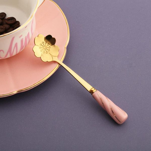 

spoons creative stainless steel coffee stirring spoon ceramic handle mug flower gold short cherry rose ice teaspoon