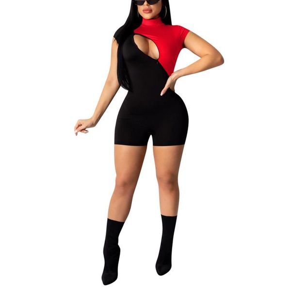 

women's jumpsuits & rompers women summer match color stand collar short sleeves double zipper sports playsuit for ladies, Black;white
