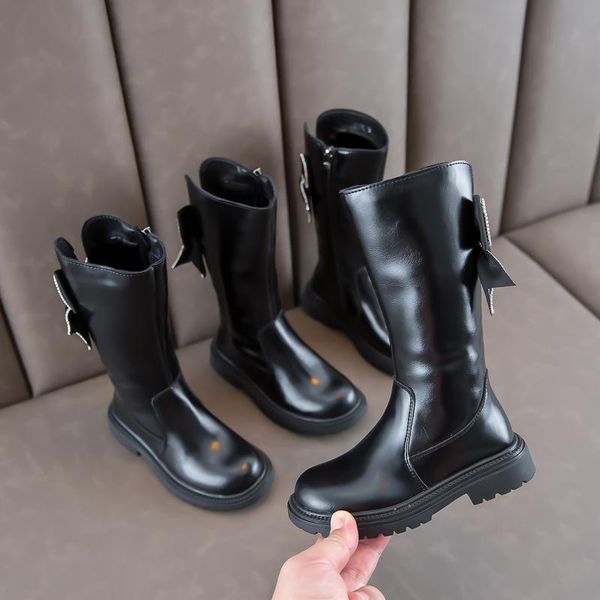 

boots winter girls velvet long bow princess high cotton children shoes, Black;grey