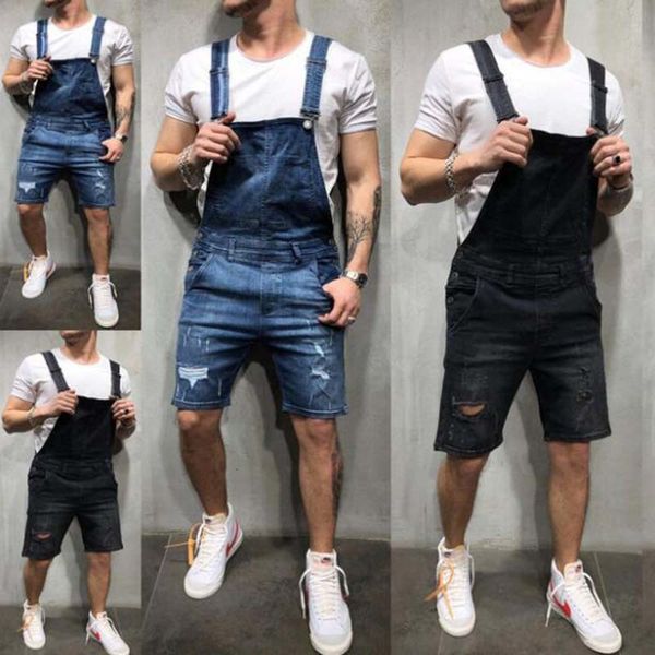 

men's jeans ripped short jumpsuits summer hi street distressed denim bib overalls suspender pant fashion streetwear 05xy, Blue