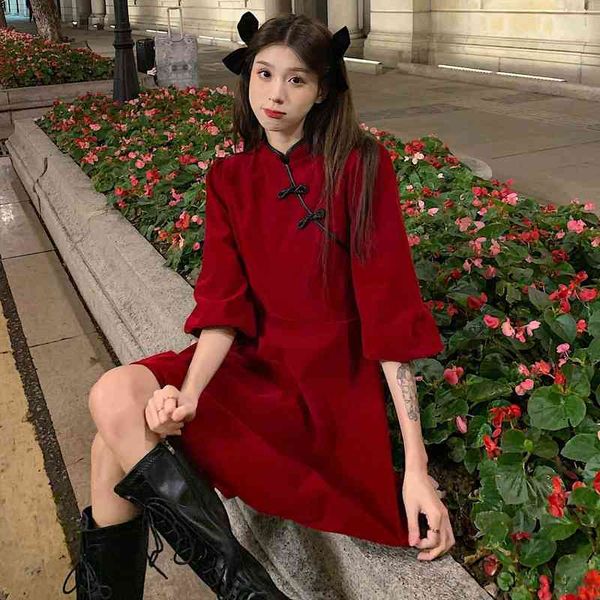 

long sleeve plus size womens dress 5xl solid mandarin collar cheongsam mini korean sweet style high street vintage design chic, Black;gray