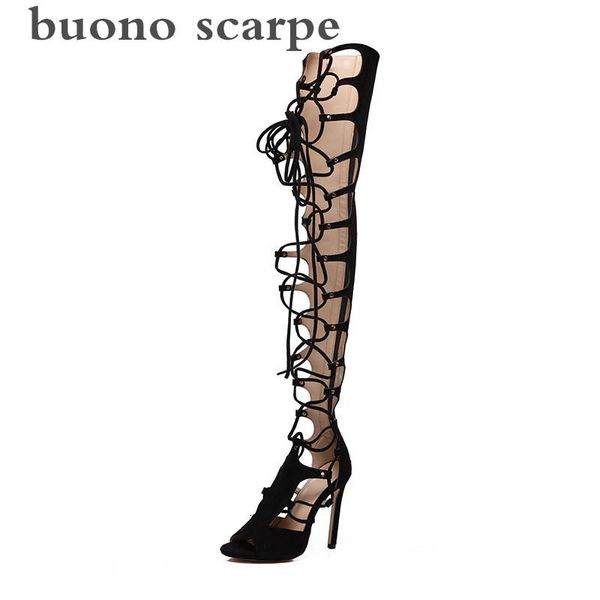 

nightclub hollow straps high heel knees women's roman long sandals, Black