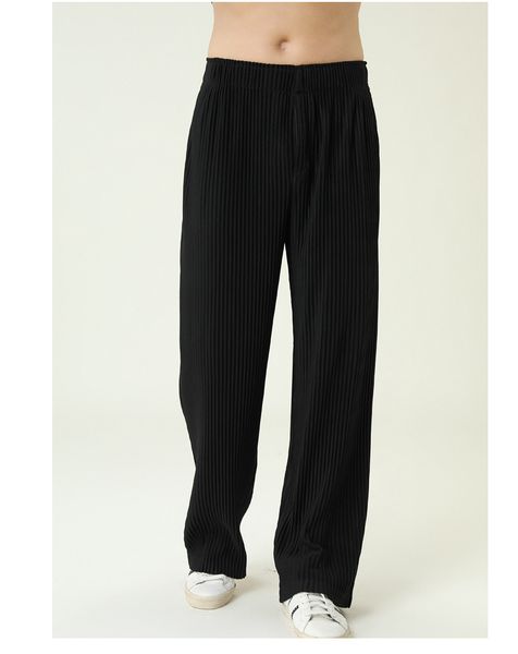

pant miyake fold wen style fashion solid men loose straight-leg pantss, Black